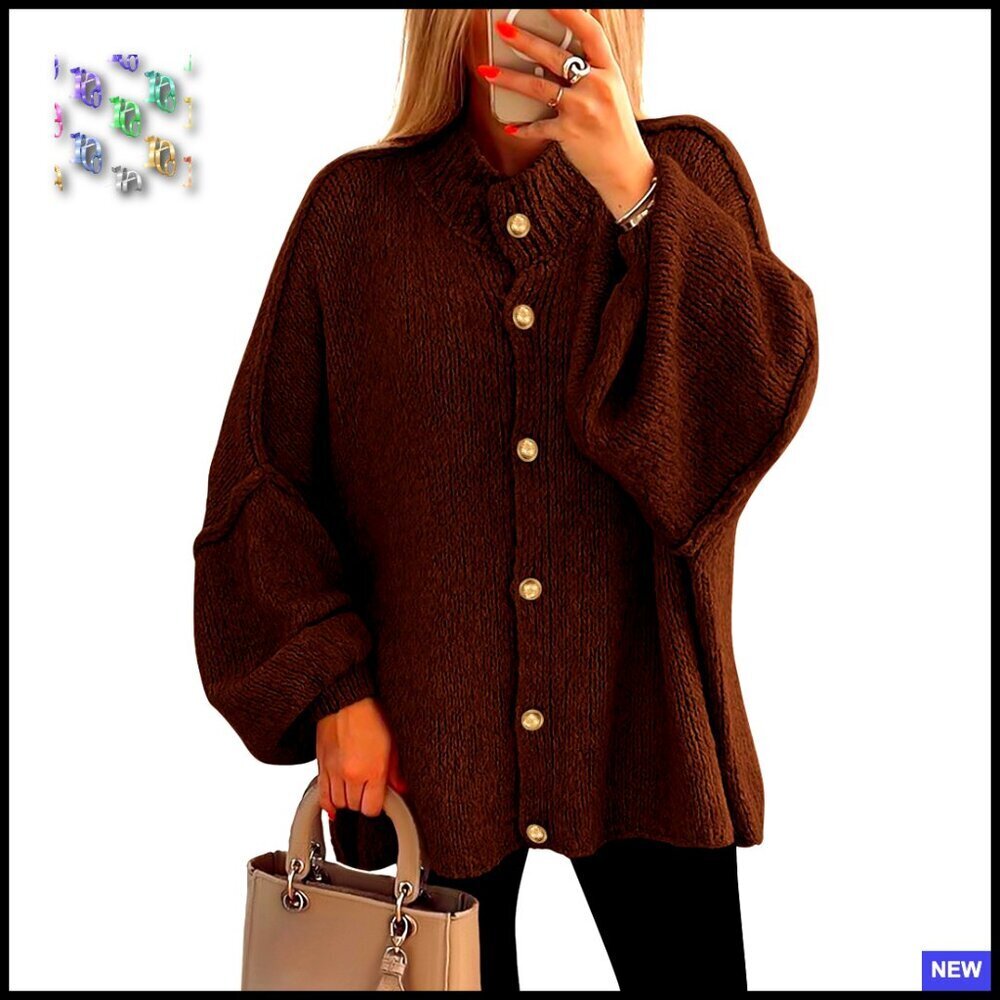 Chunky Knit Cardigan Mock Neck Lantern Sleeve Oversized Winter Sweater